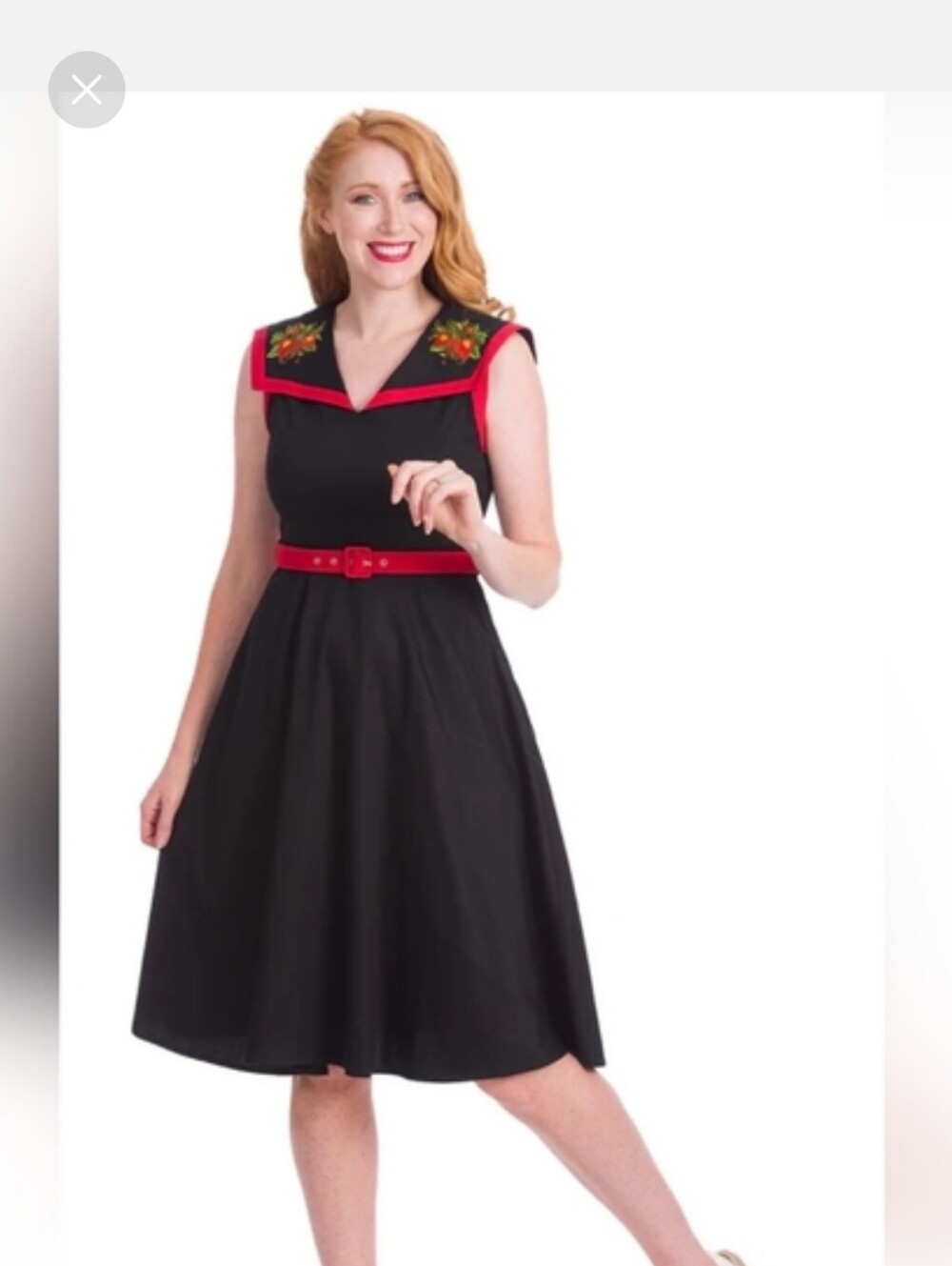 Romantic Black Midi Dress with Red Trim and Strawberry Embroidery